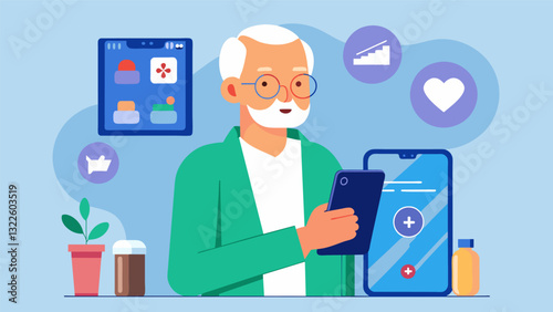 A man in his 80s using a telehealth app on his smartphone to virtually consult with his doctor about his medications.. Vector illustration