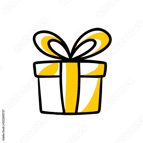 Simple gift box icon with yellow ribbon and bow, hand-drawn style.Websites, blogs, social media posts, greeting cards, invitations, and marketing materials related to gifts, celebrations, holidays