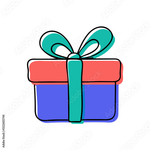 Colorful gift box with teal ribbon and bow, stylized line art, red and blue sections.Websites, blogs, social media posts, greeting cards, invitations, and marketing materials related to gifts