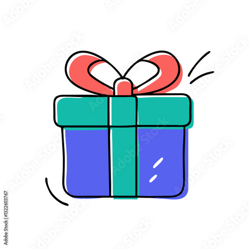 Colorful gift box with teal ribbon and bow, stylized line art, red and blue sections.Websites, blogs, social media posts, greeting cards, invitations, and marketing materials related to gifts