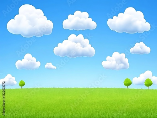 Serene cartoon landscape with clouds and green field illustration