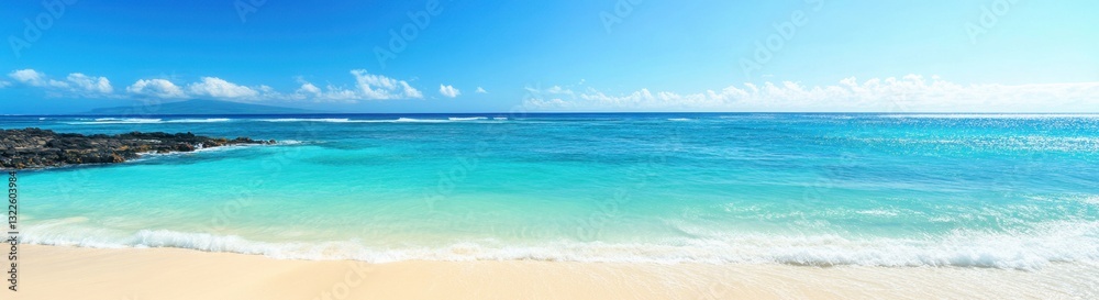 Breathtaking tropical beach with turquoise water and white sand meeting volcanic rocks Breathtaking tropical beach with turquoise water and white sand meeting volcanic rocks