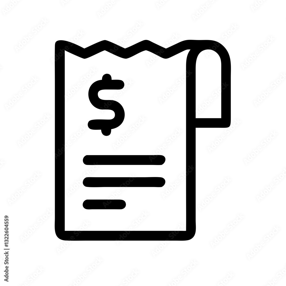 Black receipt or cheque icon with shopping list and dollar sign on white background. Use for finance, accounting, transaction and business websites. Black receipt or cheque icon with shopping list and dollar sign on white background. Use for finance, accounting, transaction and business websites.