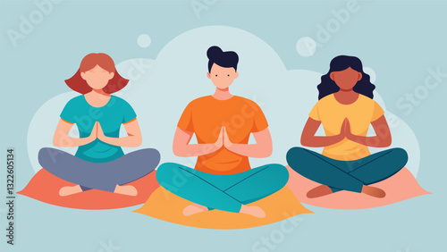 Participants sitting on comfortable cushions their hands resting gently on their laps as they focus on their breath.. Vector illustration