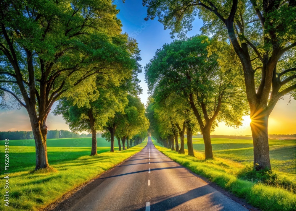 Serene Country Road: Sunlit Path, Green Fields, Deep Depth of Field Serene Country Road: Sunlit Path, Green Fields, Deep Depth of Field