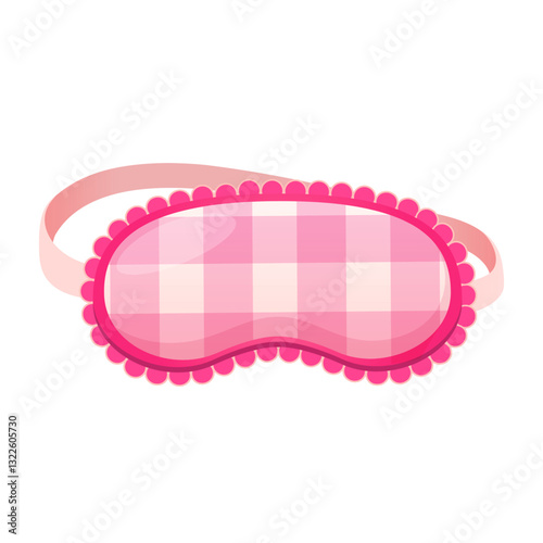Vector cartoon silk sleeping mask in pink color in checkered print and ruffles isolated on white background.