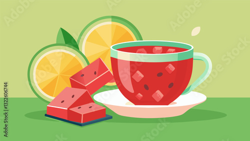 Freshly brewed hibiscus tea served alongside a bowl of juicy watermelon cubes.. Vector illustration