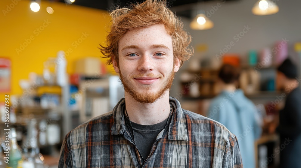 Obraz premium A young man with curly red hair and a beard stands in a vibrant cafe, smiling at the camera. The background features other customers and shelves filled with various items