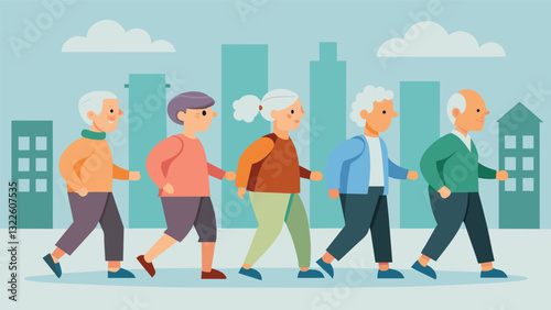 A row of seniors marching proudly through the city streets showing that age is just a number when it comes to fitness.. Vector illustration