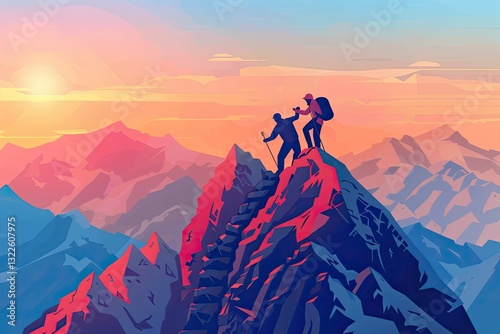 Clear Pixel Picture of Teamwork Concept Man Helping Friend Reach Mountain Top