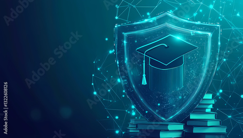Knowledge Security: A digital shield protects a mortarboard, stacked books, and a network of dots, representing security, education, knowledge, and technology.