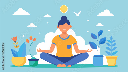Someone practicing mindfulness focusing on the present moment and finding peace in simple activities like gardening or coloring.. Vector illustration