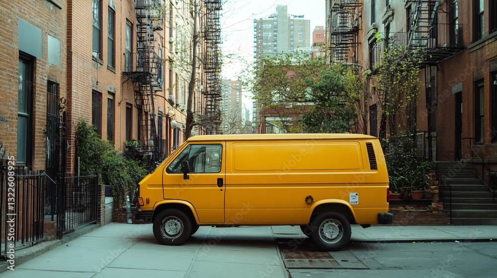 Fototapeta premium Urban Scene: Yellow Van Parked on Sidewalk in City Setting - Transportation Photo