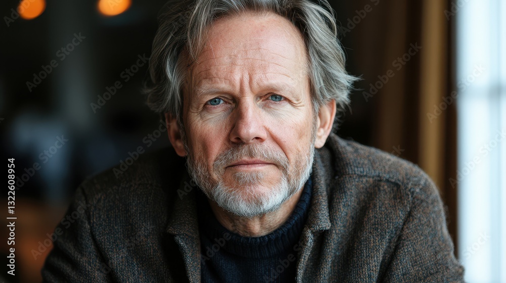 A man with gray hair and a well-groomed beard sits contemplatively at a table. Soft lighting creates a warm and inviting ambiance, suggesting a relaxed evening mood A man with gray hair and a well-groomed beard sits contemplatively at a table. Soft lighting creates a warm and inviting ambiance, suggesting a relaxed evening mood