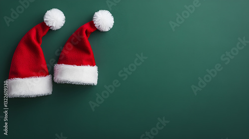 Santa Claus hats on solid dark green background. Christmas New Year holiday greeting card poster banner placeholder. Mock up template with copy space.Minimalist style