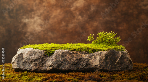 Stone podium with moss for natural eco product presentation, brown background