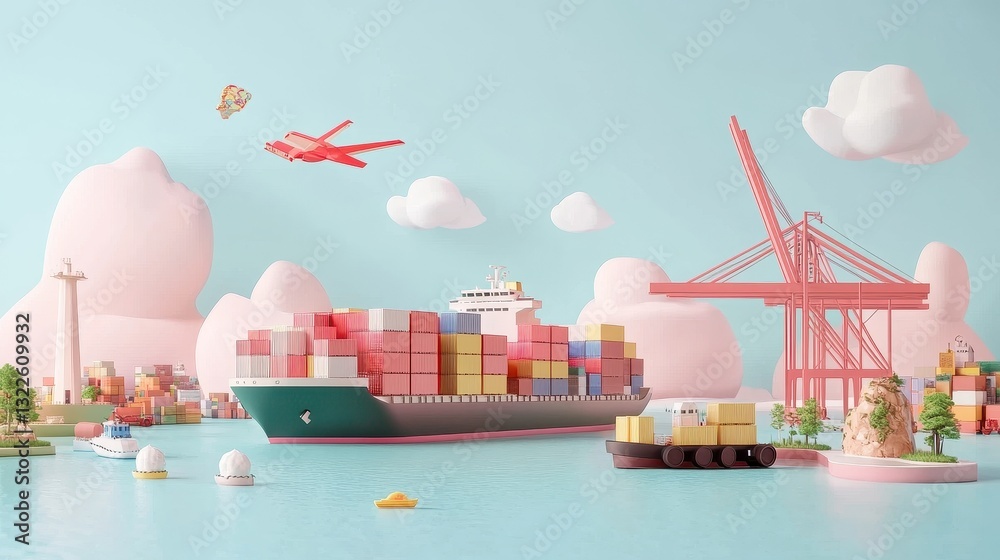 Fototapeta premium 3D rendered import-export logistics in pastel tones, flat design, visualizing global cargo transport. 