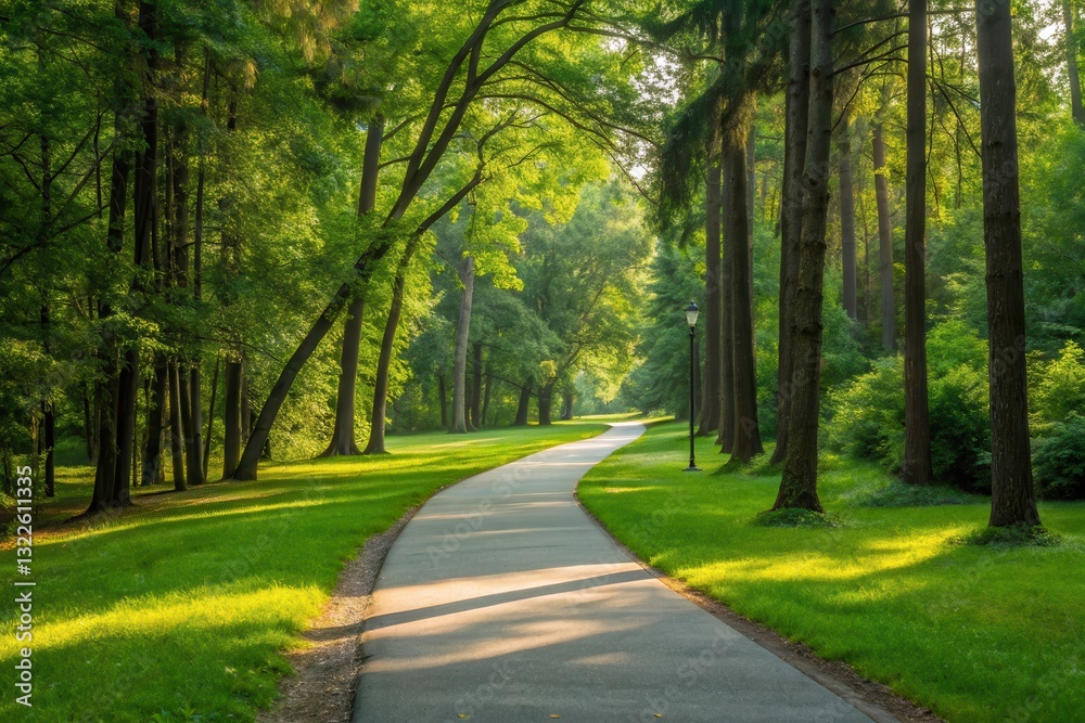 Serene Running Trail Winding Through a Lush Green Park on a Sunny Day Generative AI Serene Running Trail Winding Through a Lush Green Park on a Sunny Day Generative AI