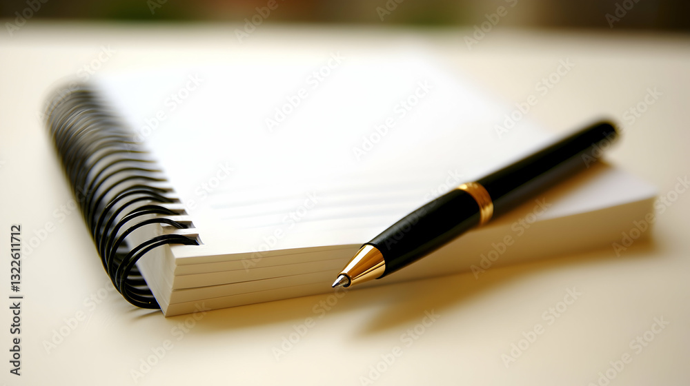 Open spiral notebook placed on a white desk with a black pen Open spiral notebook placed on a white desk with a black pen