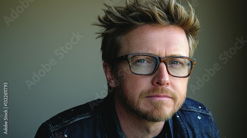 A man with tousled hair and glasses gazes thoughtfully into the distance. He is dressed casually and appears engaged in deep contemplation, surrounded by soft lighting
