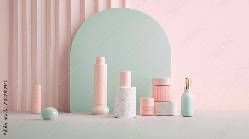 Group of cosmetic bottles and jars on a minimalist background Group of cosmetic bottles and jars on a minimalist background