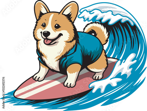 Cute corgi dog surfing cartoon drawing illustration