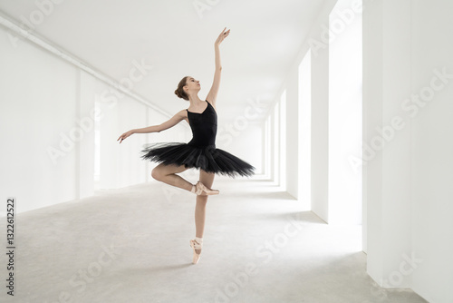Ballet dancer posing inside light empty space