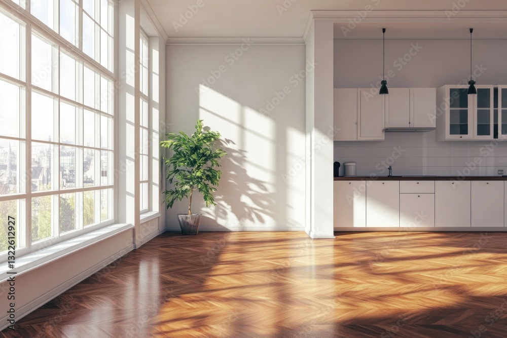 Fototapeta premium Sunlit modern apartment interior with hardwood floors and kitchen.