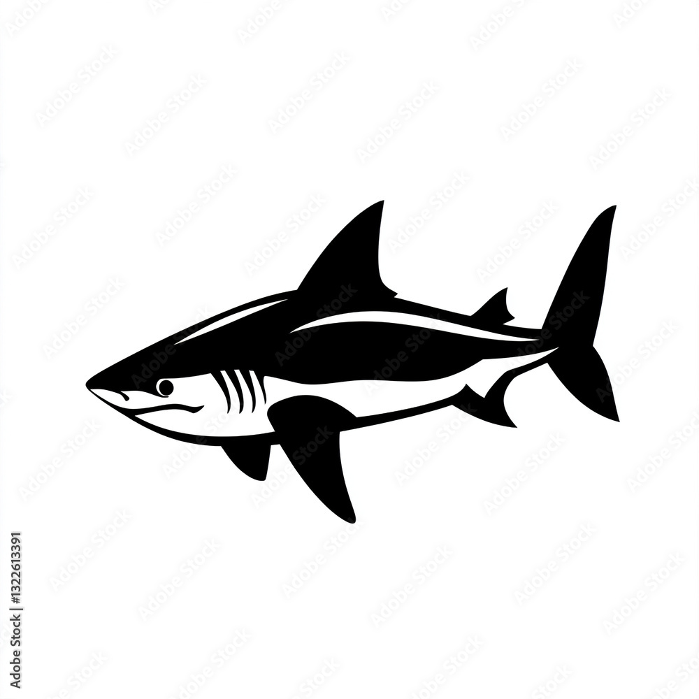 Fototapeta premium Black shark icon on white background, stylized design