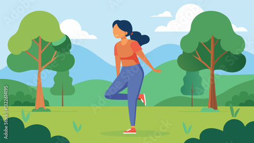 In a quiet park a woman stands with her feet hipwidth apart and taps on the side of her hand as she releases tension and stress from her mind and body.. Vector illustration