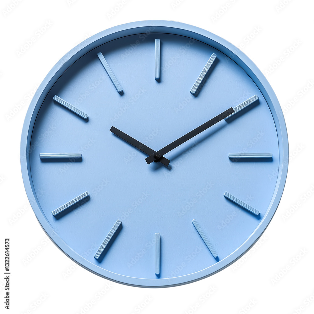 Modern pastel blue wall clock with a minimalist design, cut out. Isolated on a transparent background. Modern pastel blue wall clock with a minimalist design, cut out. Isolated on a transparent background.