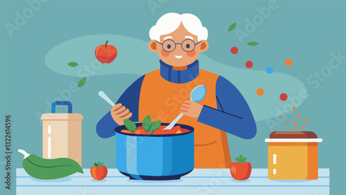 A resourceful senior uses leftover ingredients to make a healthy and flavorful soup demonstrating how to reduce food waste and save money while also eating well.. Vector illustration