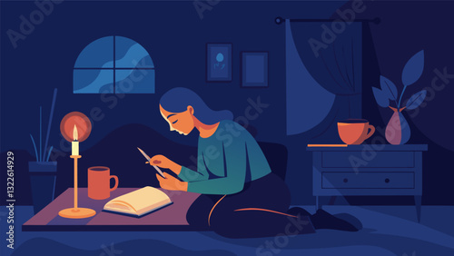 In the dimly lit bedroom a person writes in their journal by candlelight using the quiet and solitude to delve deeper into their thoughts.. Vector illustration