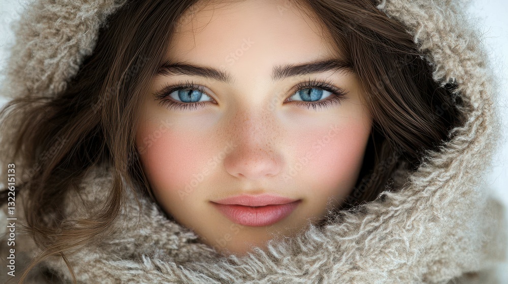 A young woman gazes directly at the viewer with bright blue eyes. She is wrapped in a soft, fluffy scarf, suggesting a cold winter day. The background features a serene, snowy setting A young woman gazes directly at the viewer with bright blue eyes. She is wrapped in a soft, fluffy scarf, suggesting a cold winter day. The background features a serene, snowy setting