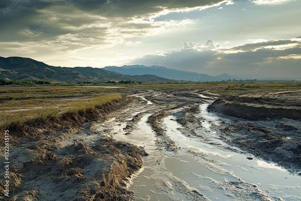 Fototapeta premium Muddy Road Through Rural Landscape Dramatic Sunset Sky Mountain Scenery Off Road Track Vehicle Trails Countryside Dirt Road Nature Photography