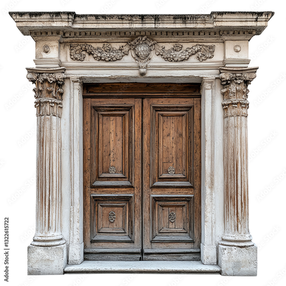 Obraz premium Weathered wooden double doors flanked by ornate columns, cut out. Isolated on a transparent background.
