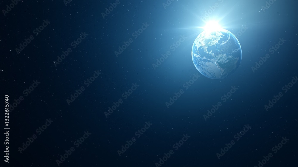 Obraz premium Shining sun illuminating a blue planet in the vast universe, celestial view blue