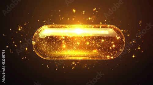 A glowing golden capsule with sparkling particles floating around