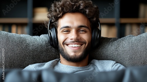A young man with curly hair wears headphones and smiles while listening to music on a cozy couch. The warm atmosphere of his home creates a relaxed vibe
