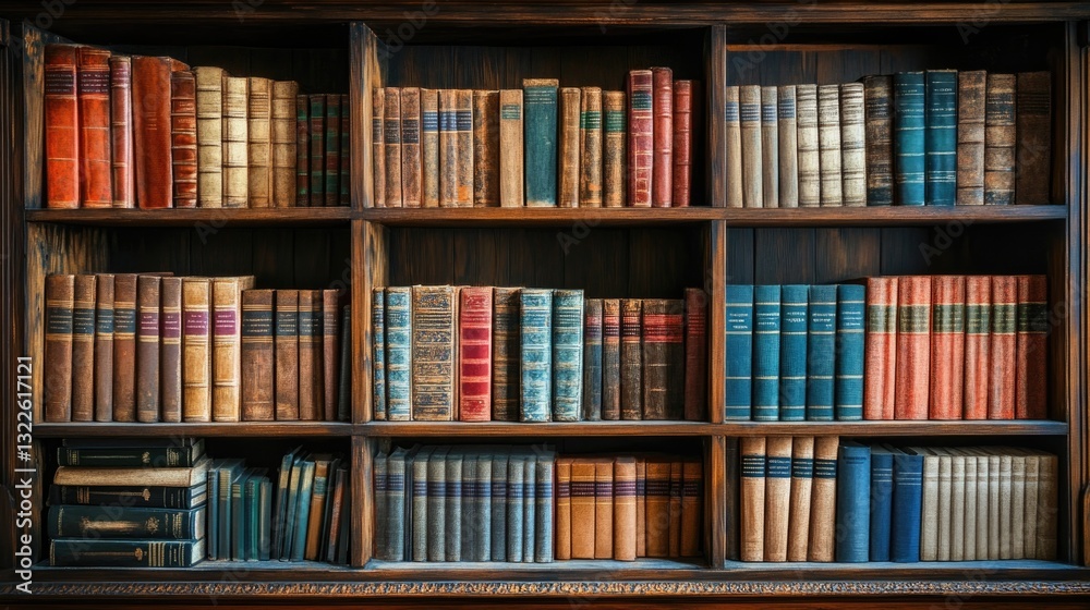 A wooden bookshelf contains many colorful antique hardcover books A wooden bookshelf contains many colorful antique hardcover books