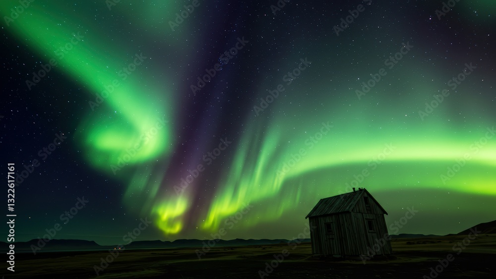 Obraz premium Northern lights illuminate sky over wooden cabin in Iceland Showcase of natural beauty and adventure travel