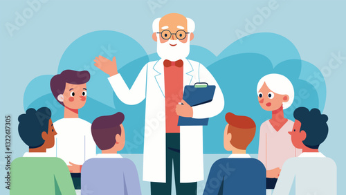 A retired surgeon donning a lab coat once again to teach medical techniques to eager medical students.. Vector illustration