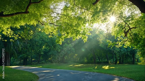 Sunlit Park Path Winding Through Lush Green Forest