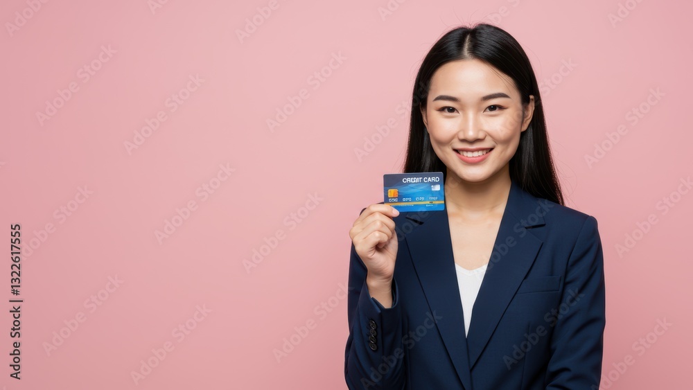Asian woman in business attire holding credit card against pink background, symbolizing personal finance and consumer empowerment Asian woman in business attire holding credit card against pink background, symbolizing personal finance and consumer empowerment