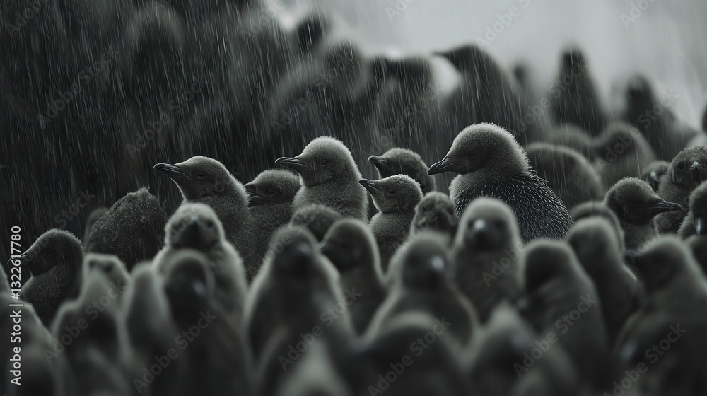Obraz premium dense colony of king penguin chicks huddled together in rain