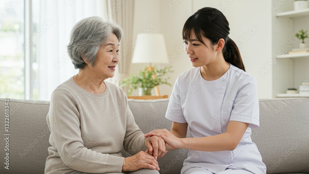 Asian elderly woman and middle aged Asian caregiver share a comforting moment at home Represents health and emotional support Asian elderly woman and middle aged Asian caregiver share a comforting moment at home Represents health and emotional support