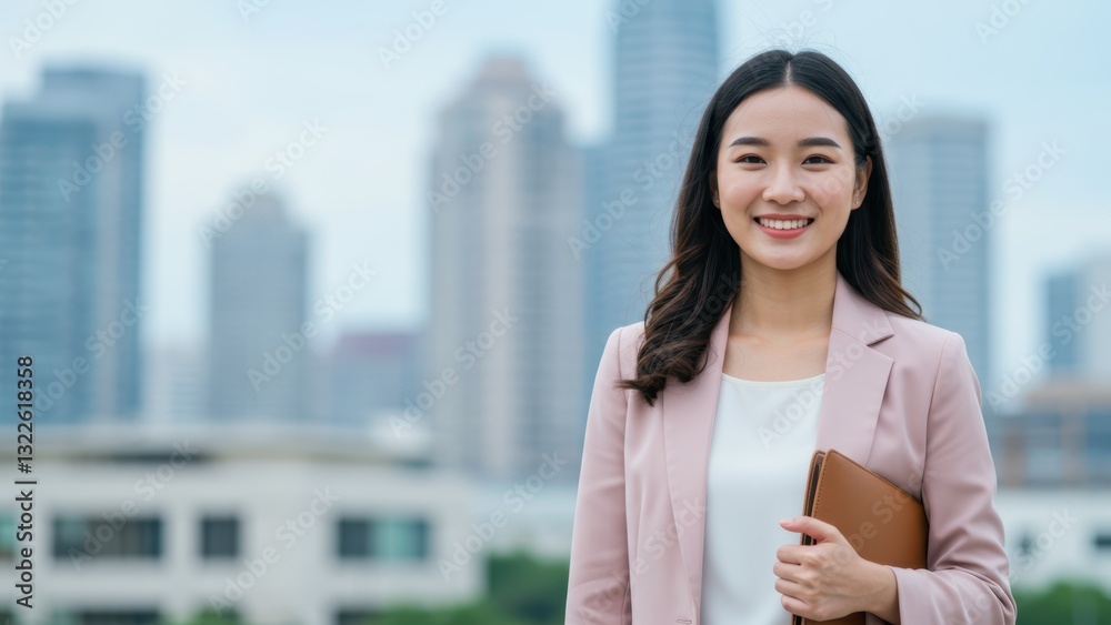 Fototapeta premium Asian woman smiling in business attire, holding a laptop, in urban environment with city skyline Concepts of diversity and empowerment