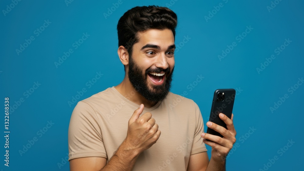 Middle eastern man smiling while holding smartphone against blue background Captures joy, digital lifestyle, and social interaction Middle eastern man smiling while holding smartphone against blue background Captures joy, digital lifestyle, and social interaction
