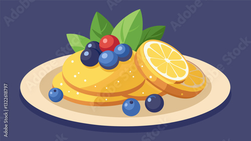 Crispy tea cakes with a hint of lemon dusted with powdered sugar and served with a side of fresh berries.. Vector illustration