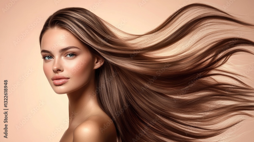 Fototapeta premium Stunning Woman with Flowing Long Brown Hair, Beauty and Haircare Concept